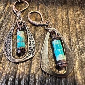 Boho Hippie‎ Western Delicate Copper & Turquoise Drop Wire Earrings, Gift Box